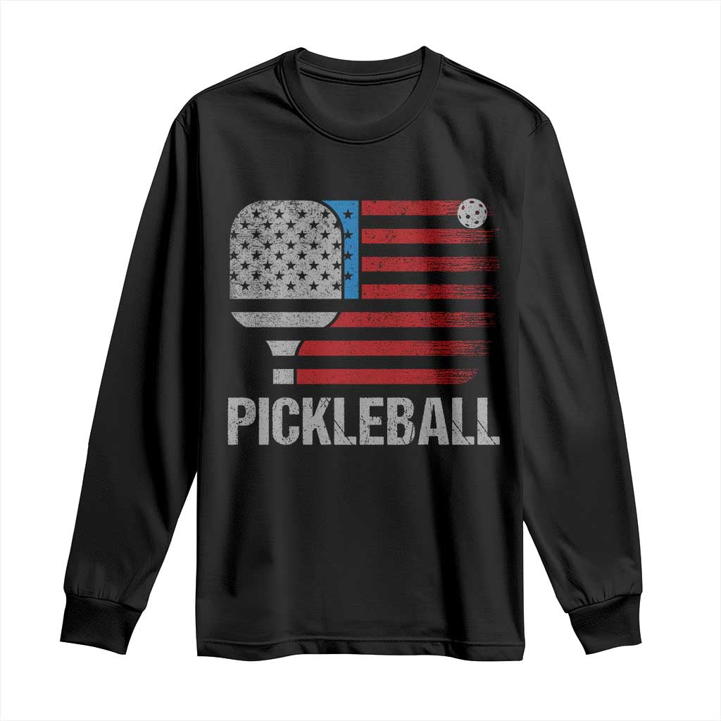Pickleball Lover Vintage American Flag Long Sleeve Shirt 4th of July - Wonder Print Shop