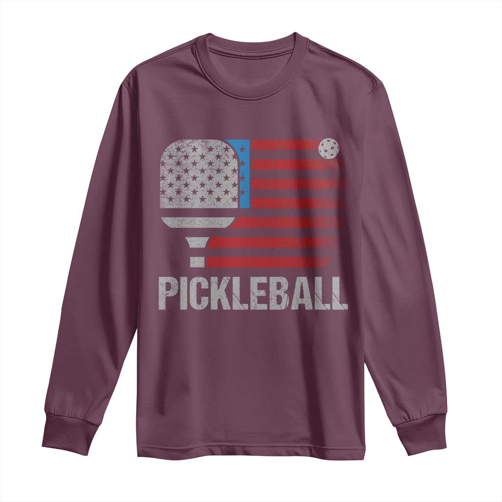 Pickleball Lover Vintage American Flag Long Sleeve Shirt 4th of July - Wonder Print Shop