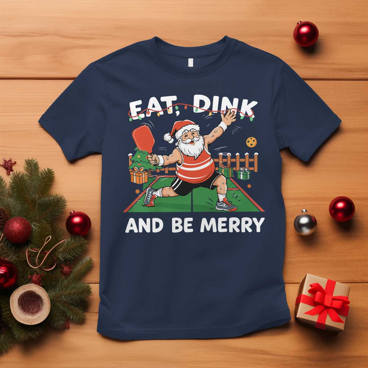 Funny Christmas Pickleball T Shirt Eat Dink And Be Merry Xmas Santa - Wonder Print Shop