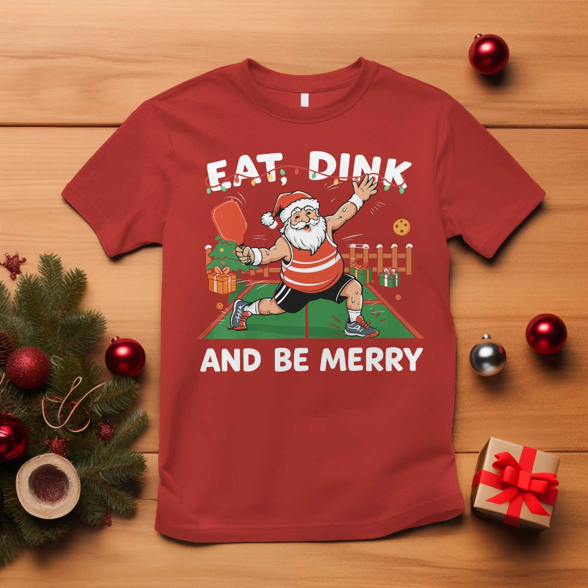 Funny Christmas Pickleball T Shirt Eat Dink And Be Merry Xmas Santa - Wonder Print Shop