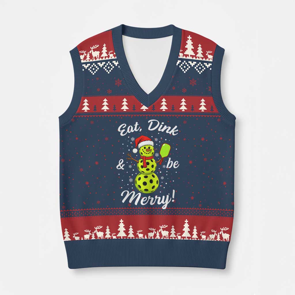 Funny Xmas Pickleball V-Neck Knit Sweater Vest Eat Dink And Be Merry Snowman - Wonder Print Shop