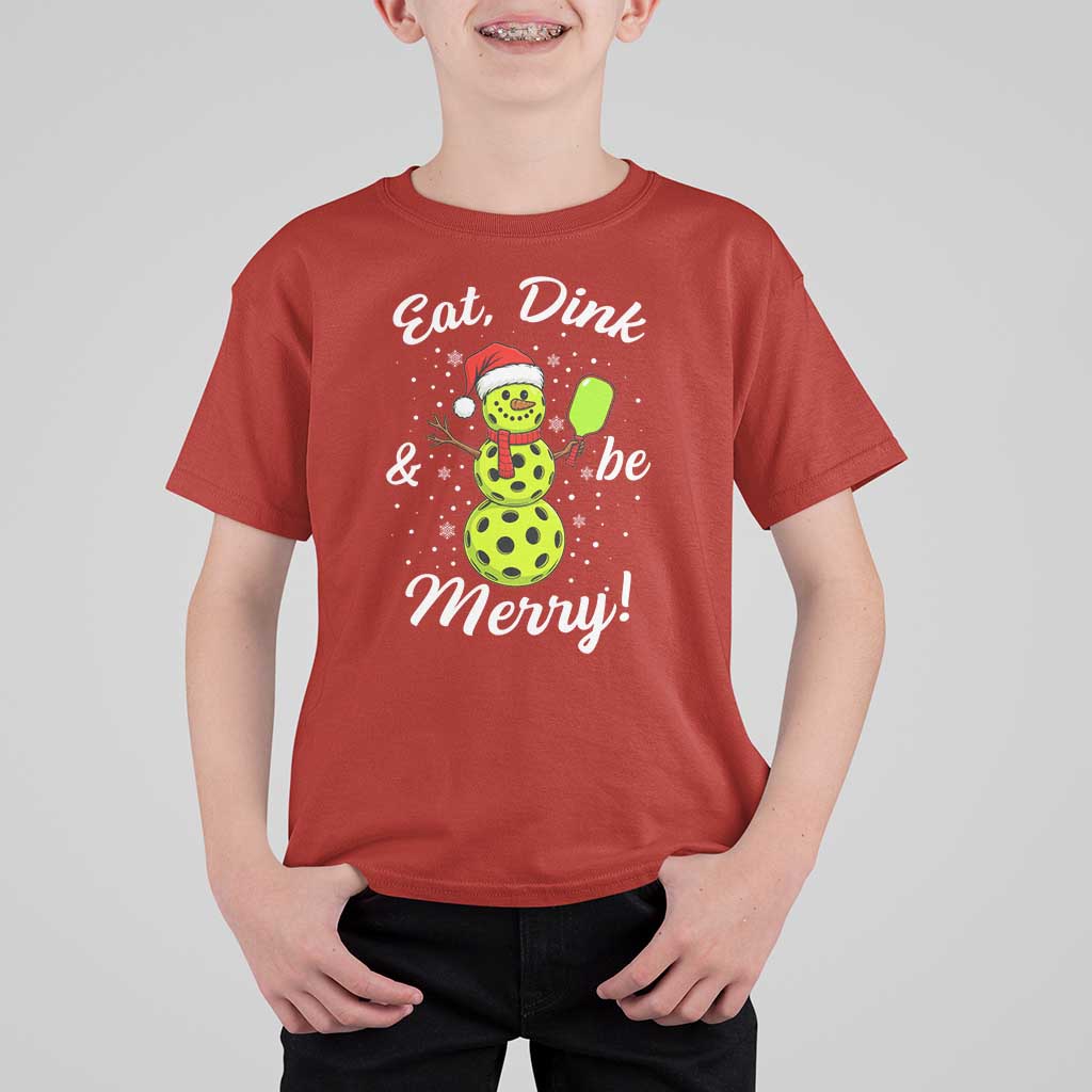 Funny Christmas Pickleball T Shirt For Kid Eat Dink And Be Merry Snowman - Wonder Print Shop