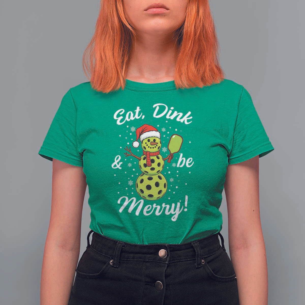 Funny Christmas Pickleball T Shirt For Women Eat Dink And Be Merry Snowman - Wonder Print Shop