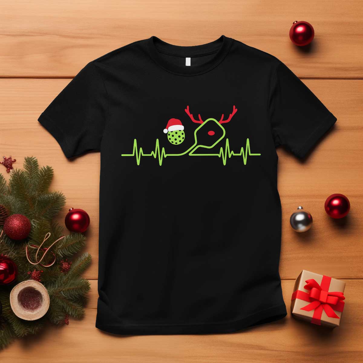 Funny Christmas Pickleball Heartbeat Santa Hat T Shirt - Wonder Print Shop