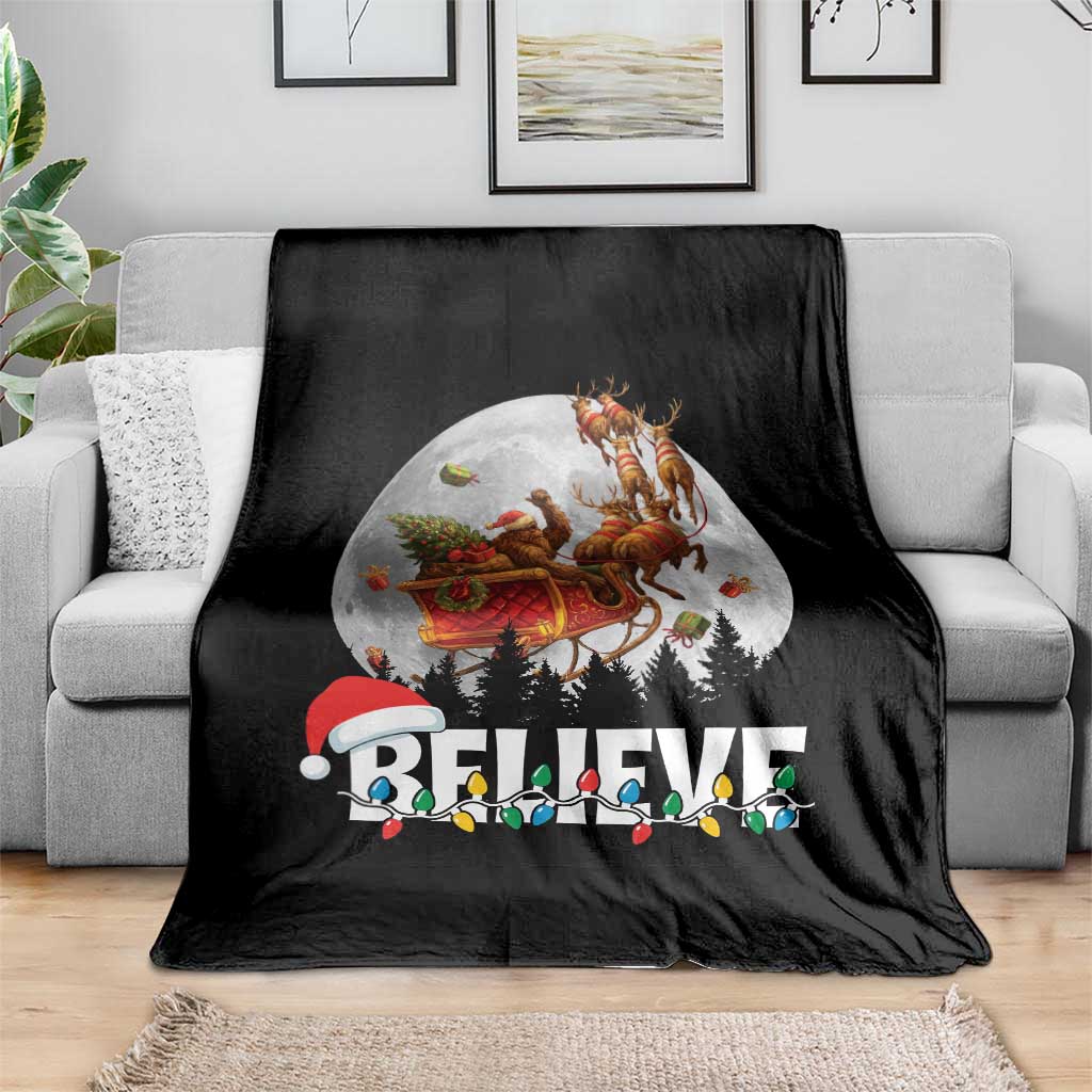 Funny Bigfoot Christmas Throw Blanket Believe Santa Sasquatch Xmas Reindeer Sleigh - Wonder Print Shop