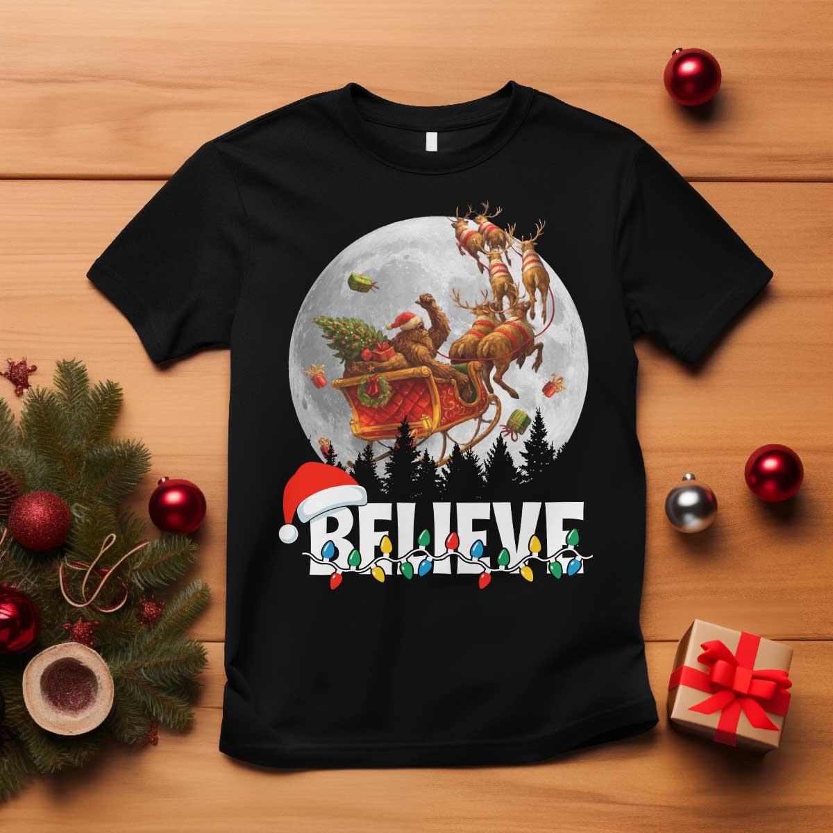 Funny Bigfoot Christmas T Shirt Believe Santa Sasquatch Xmas Reindeer Sleigh - Wonder Print Shop