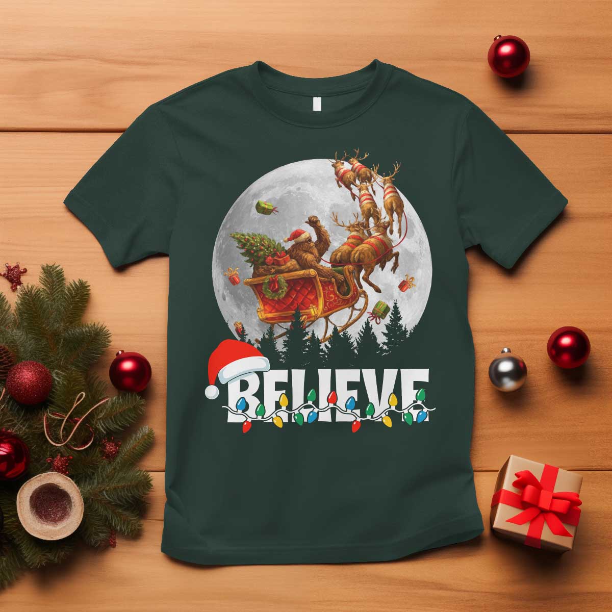 Funny Bigfoot Christmas T Shirt Believe Santa Sasquatch Xmas Reindeer Sleigh - Wonder Print Shop