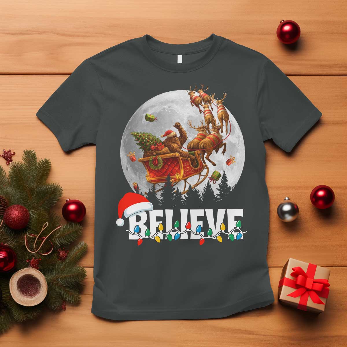 Funny Bigfoot Christmas T Shirt Believe Santa Sasquatch Xmas Reindeer Sleigh - Wonder Print Shop