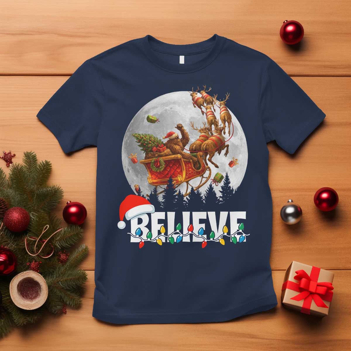 Funny Bigfoot Christmas T Shirt Believe Santa Sasquatch Xmas Reindeer Sleigh - Wonder Print Shop