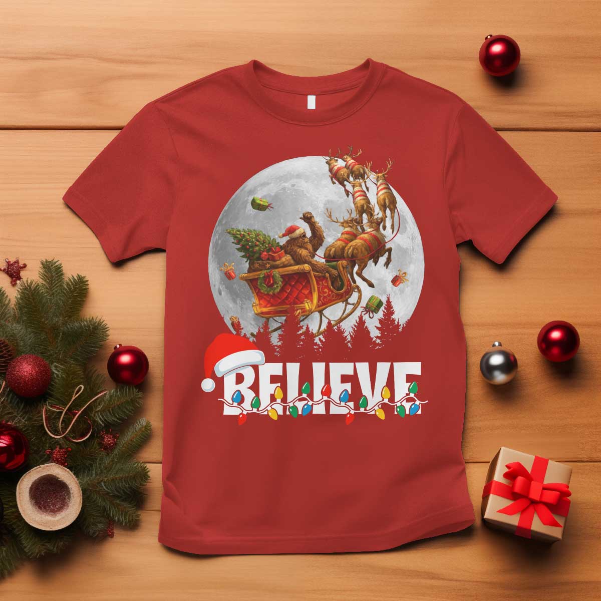 Funny Bigfoot Christmas T Shirt Believe Santa Sasquatch Xmas Reindeer Sleigh - Wonder Print Shop