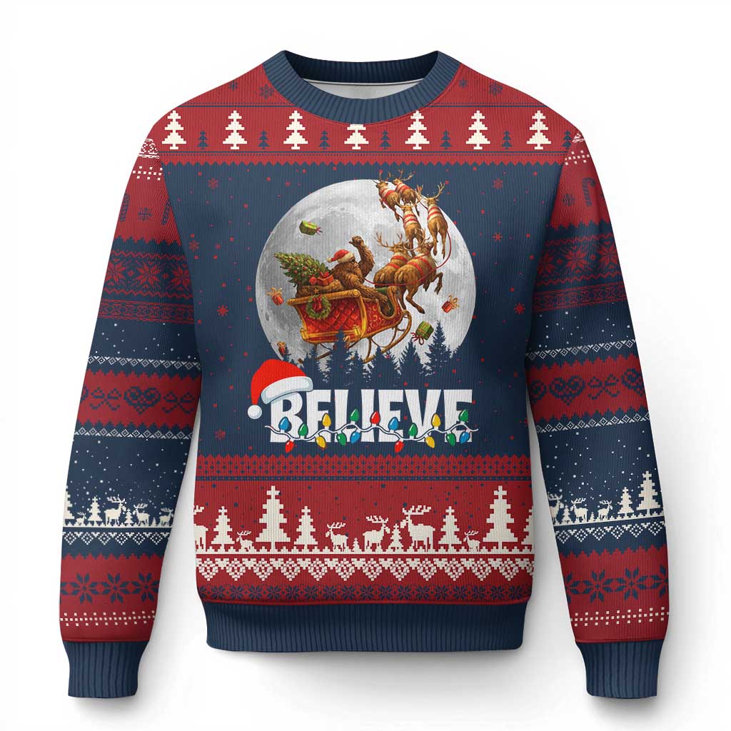 Funny Bigfoot Xmas Ugly Christmas Sweater Believe Santa Sasquatch Xmas Reindeer Sleigh - Wonder Print Shop