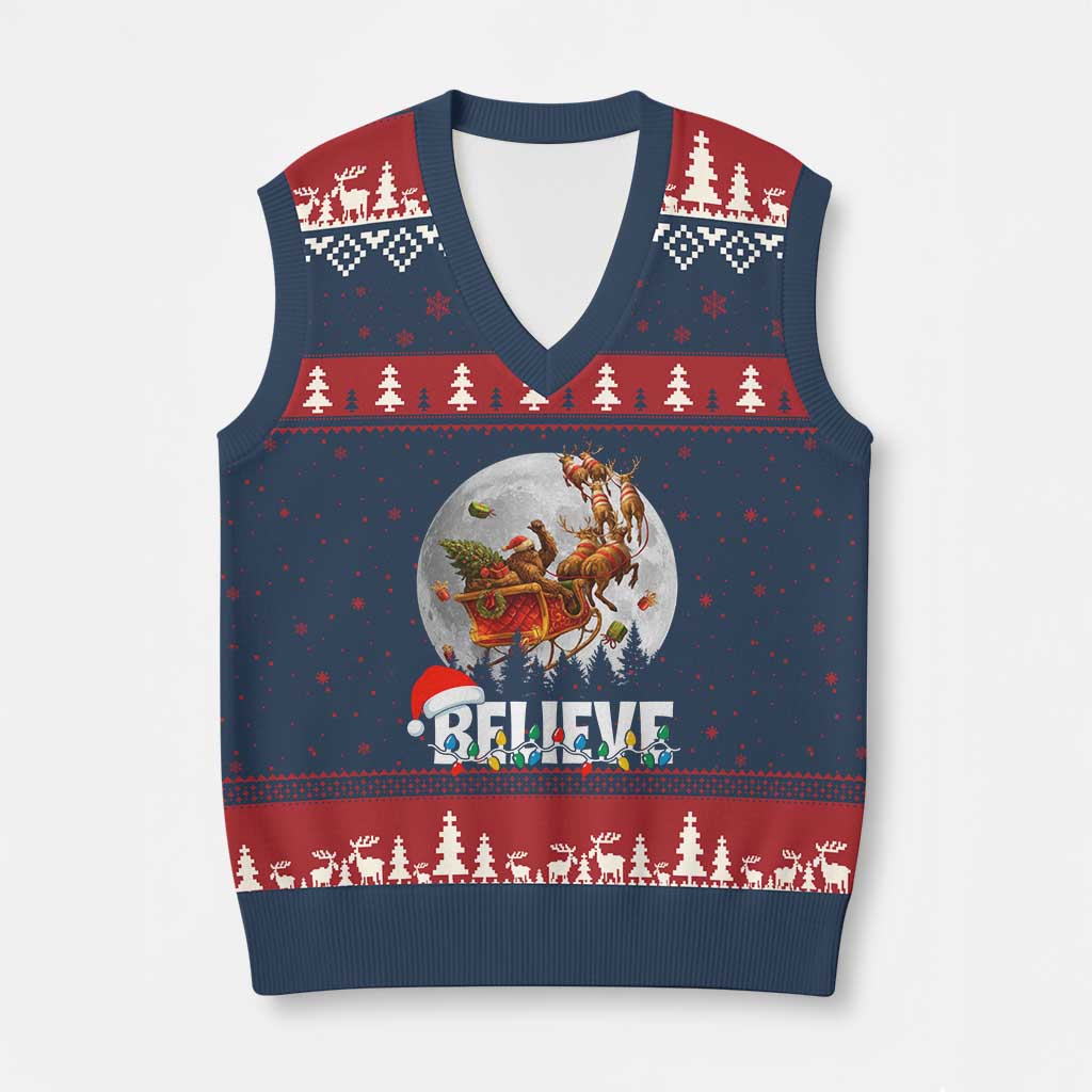 Funny Bigfoot Xmas V-Neck Knit Sweater Vest Believe Santa Sasquatch Xmas Reindeer Sleigh - Wonder Print Shop