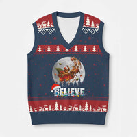 Funny Bigfoot Xmas V-Neck Knit Sweater Vest Believe Santa Sasquatch Xmas Reindeer Sleigh - Wonder Print Shop