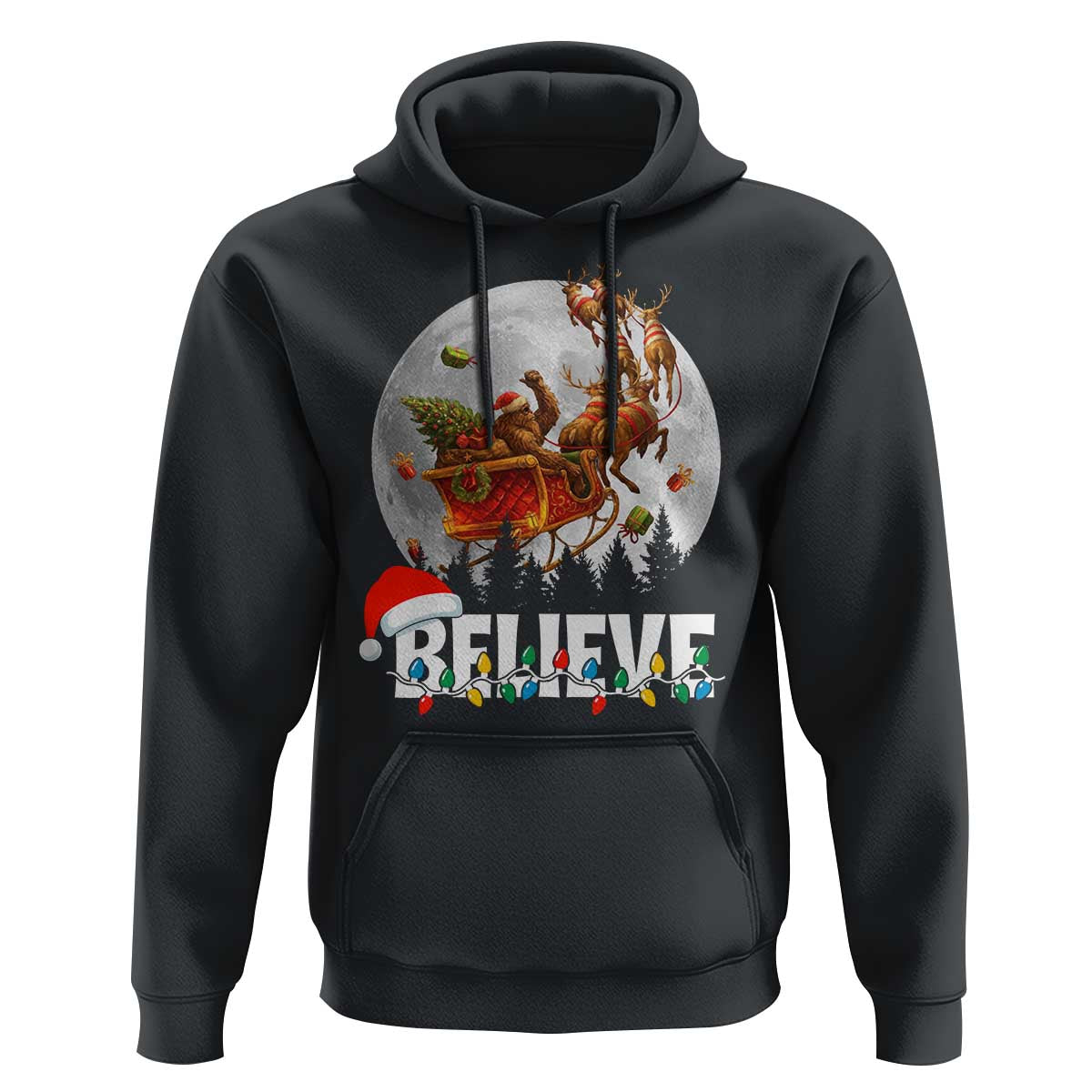 Funny Bigfoot Christmas Hoodie Believe Santa Sasquatch Xmas Reindeer Sleigh - Wonder Print Shop