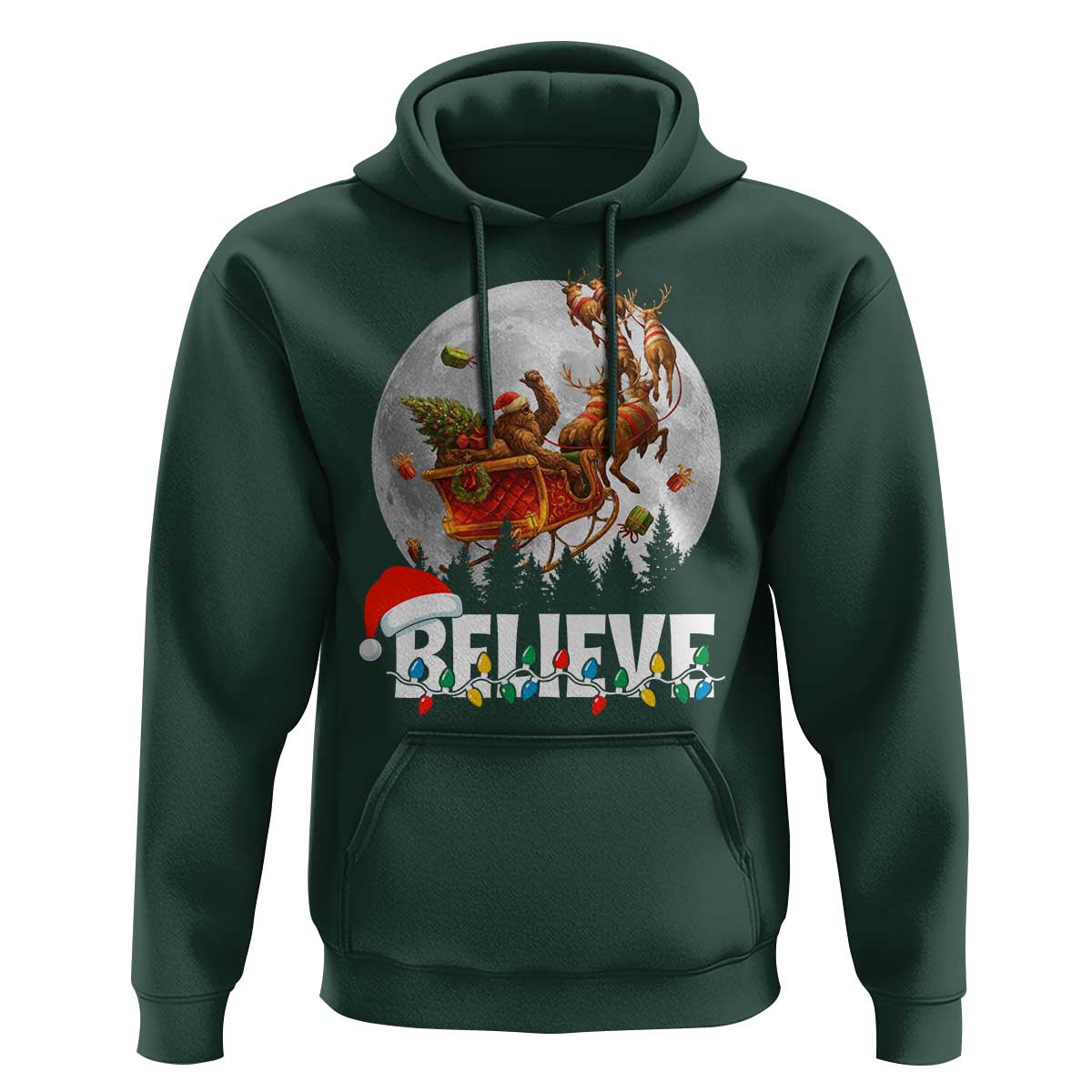 Funny Bigfoot Christmas Hoodie Believe Santa Sasquatch Xmas Reindeer Sleigh - Wonder Print Shop