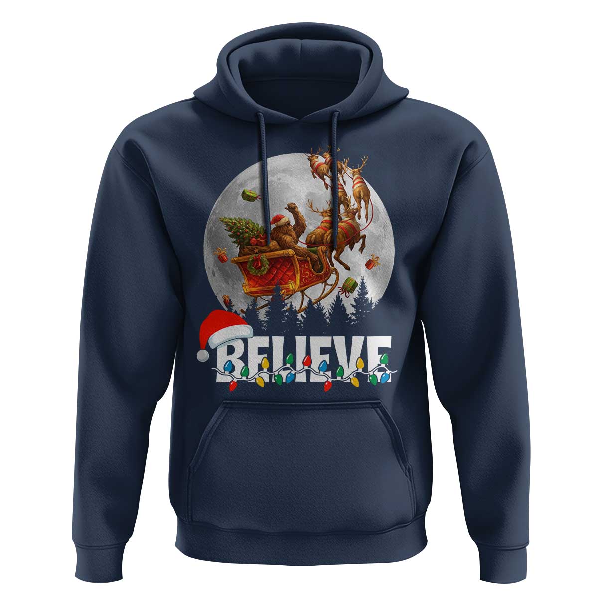 Funny Bigfoot Christmas Hoodie Believe Santa Sasquatch Xmas Reindeer Sleigh - Wonder Print Shop