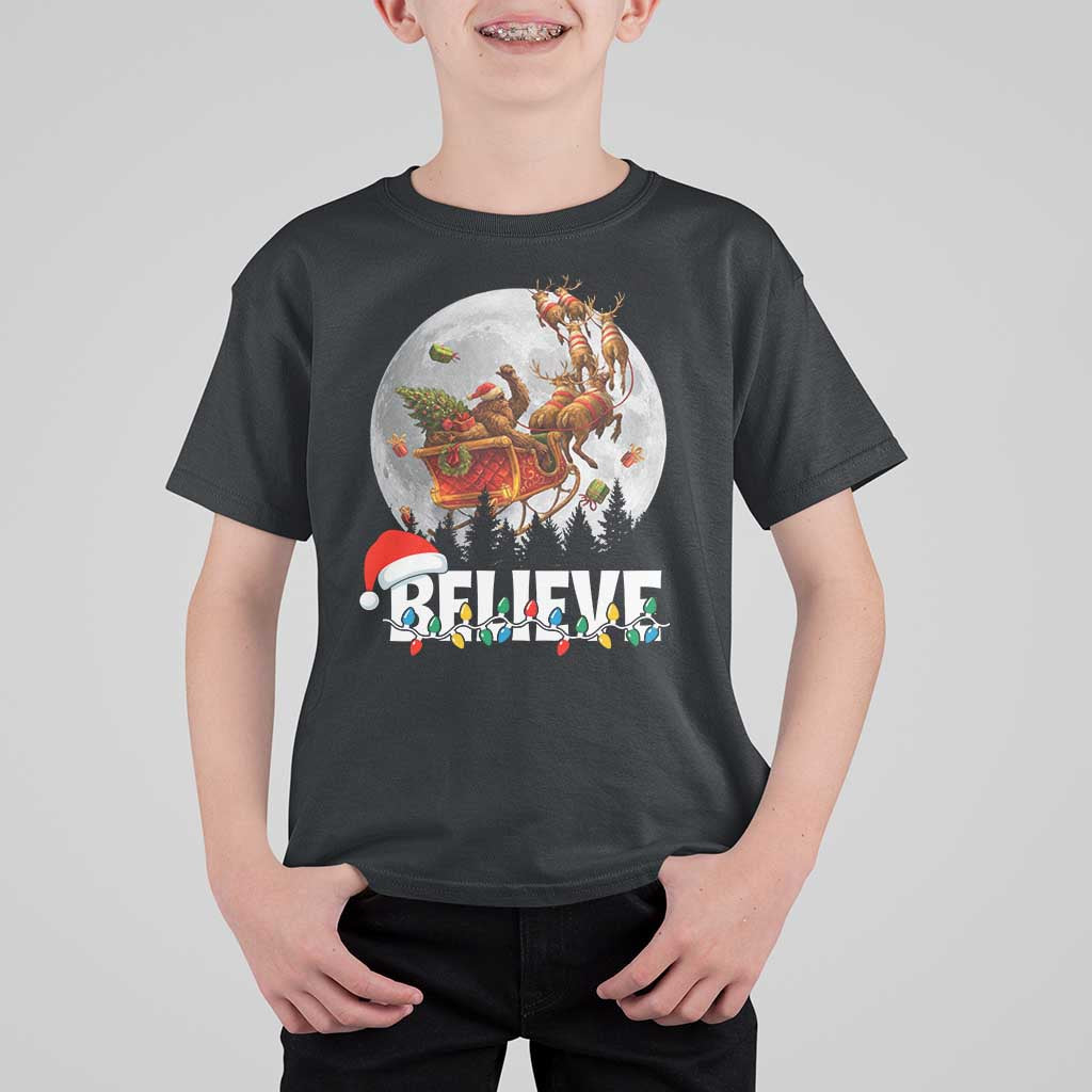 Funny Bigfoot Christmas T Shirt For Kid Believe Santa Sasquatch Xmas Reindeer Sleigh - Wonder Print Shop
