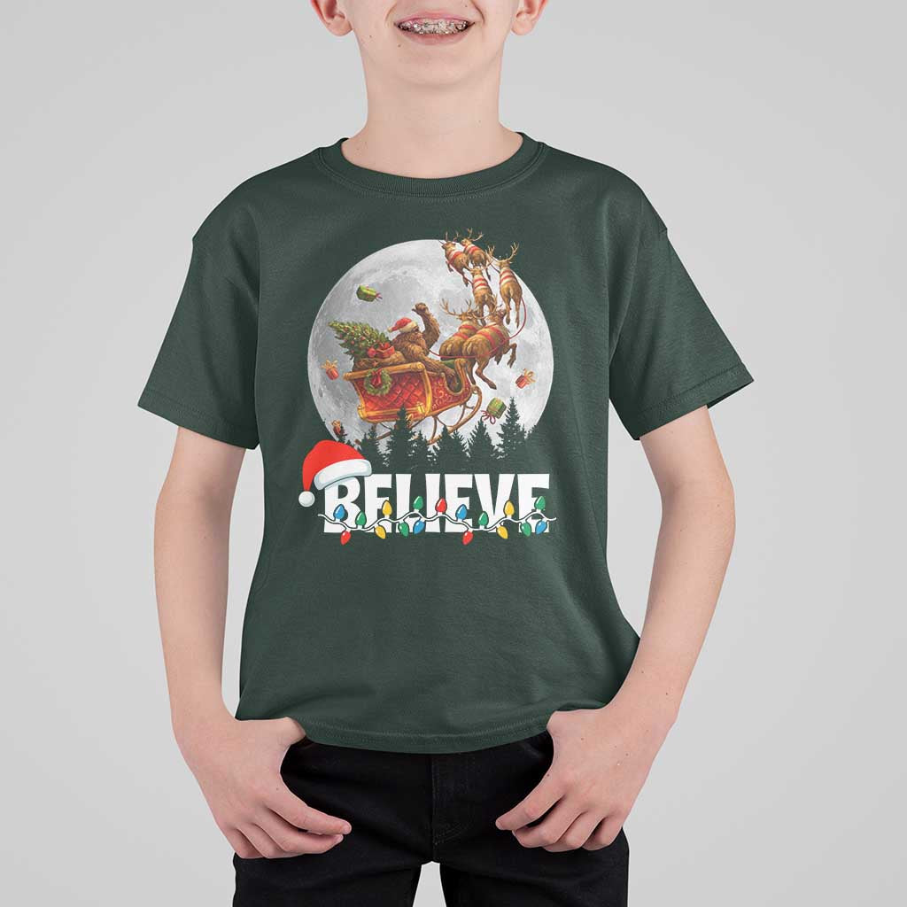 Funny Bigfoot Christmas T Shirt For Kid Believe Santa Sasquatch Xmas Reindeer Sleigh - Wonder Print Shop