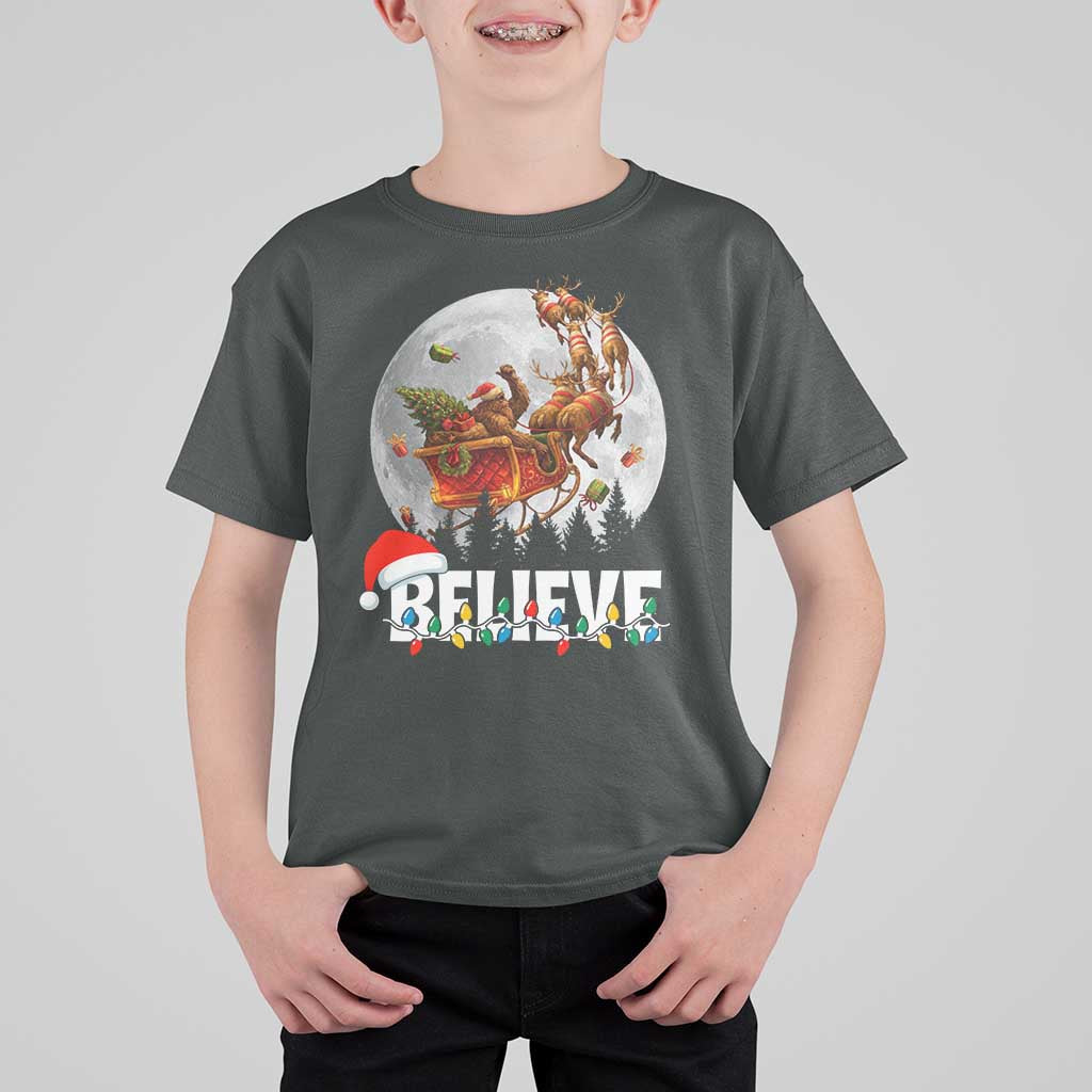 Funny Bigfoot Christmas T Shirt For Kid Believe Santa Sasquatch Xmas Reindeer Sleigh - Wonder Print Shop