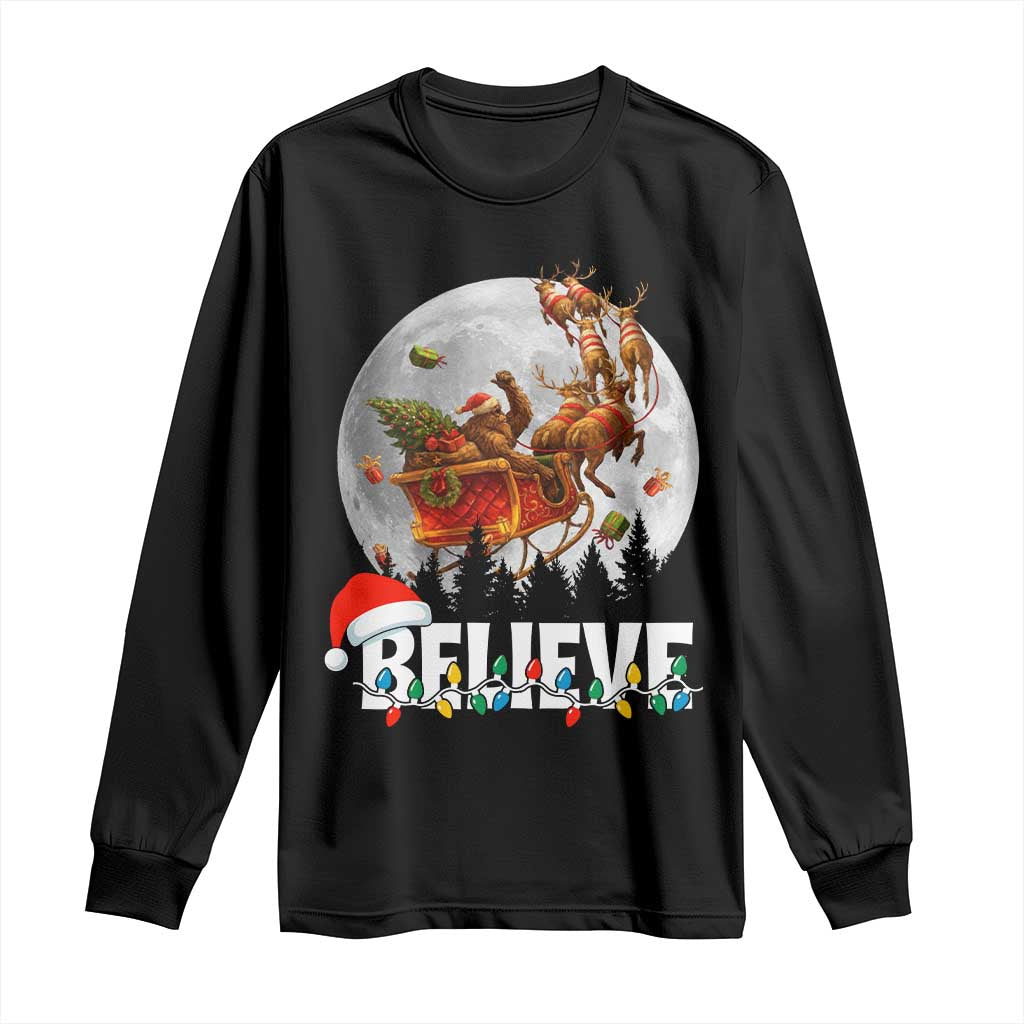 Funny Bigfoot Christmas Long Sleeve Shirt Believe Santa Sasquatch Xmas Reindeer Sleigh - Wonder Print Shop