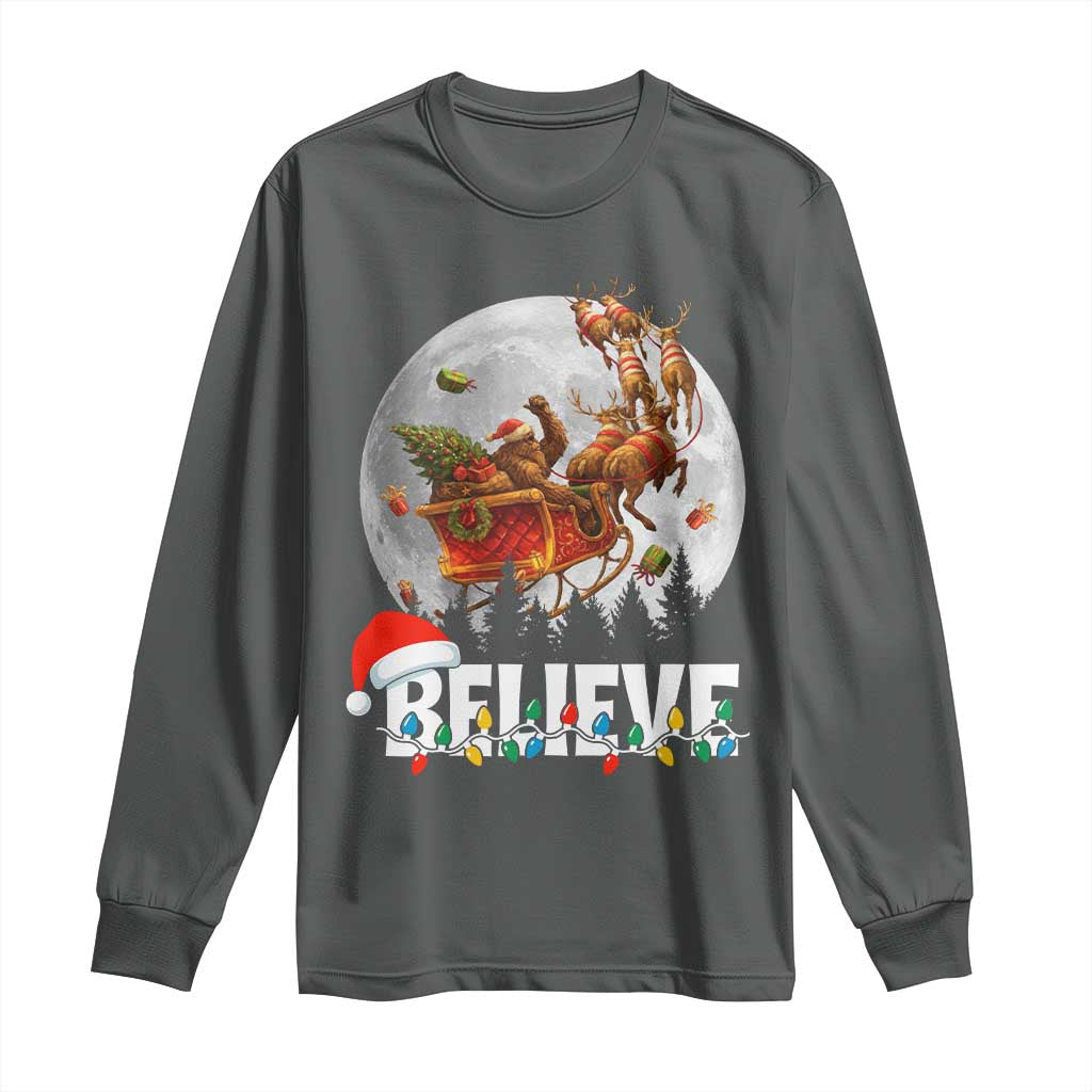 Funny Bigfoot Christmas Long Sleeve Shirt Believe Santa Sasquatch Xmas Reindeer Sleigh - Wonder Print Shop