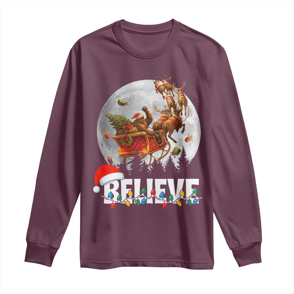 Funny Bigfoot Christmas Long Sleeve Shirt Believe Santa Sasquatch Xmas Reindeer Sleigh - Wonder Print Shop