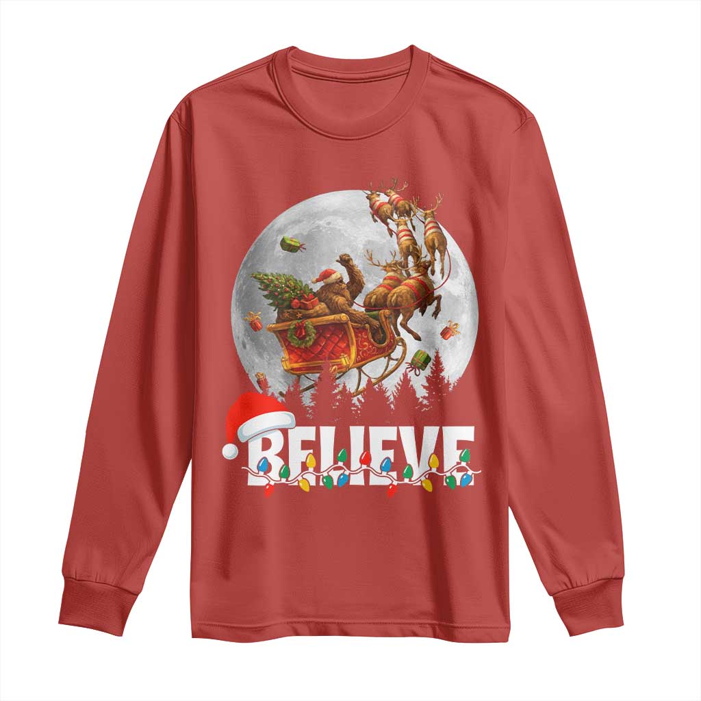 Funny Bigfoot Christmas Long Sleeve Shirt Believe Santa Sasquatch Xmas Reindeer Sleigh - Wonder Print Shop