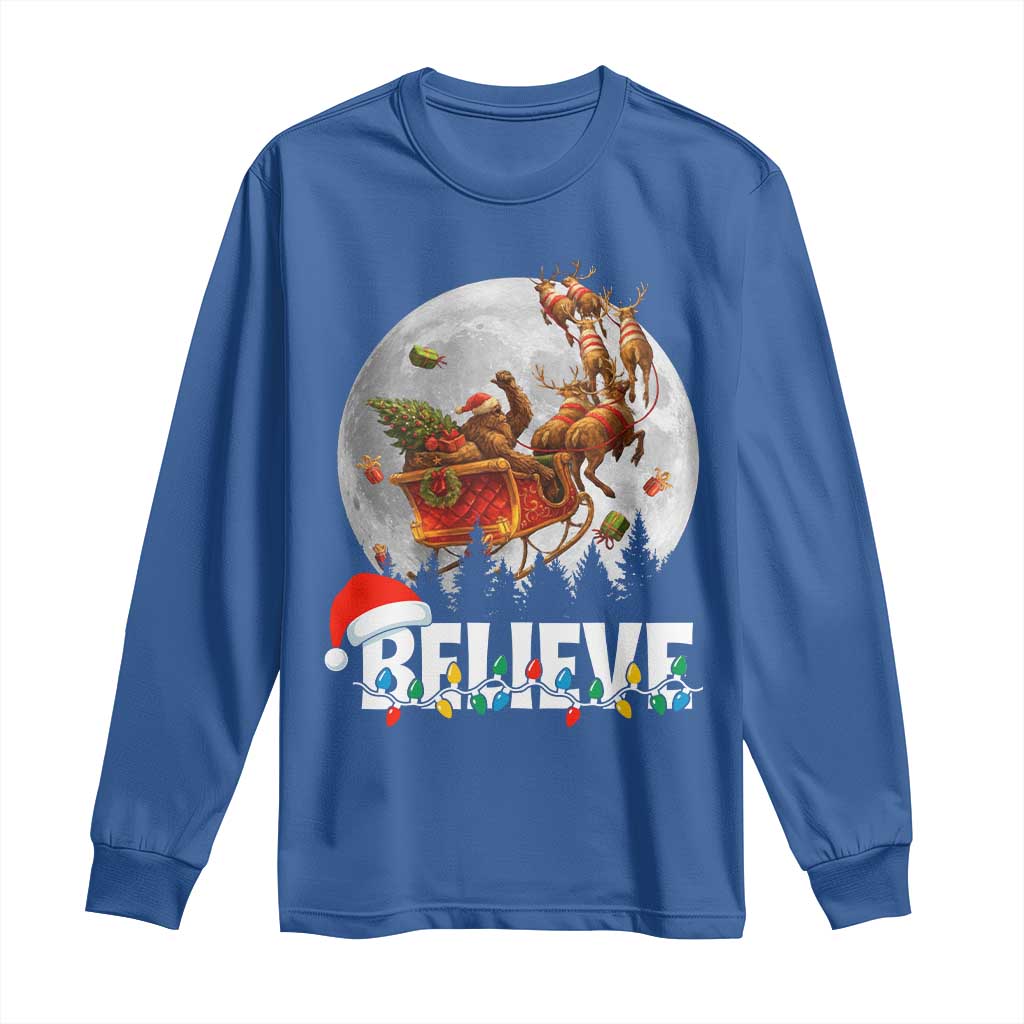 Funny Bigfoot Christmas Long Sleeve Shirt Believe Santa Sasquatch Xmas Reindeer Sleigh - Wonder Print Shop