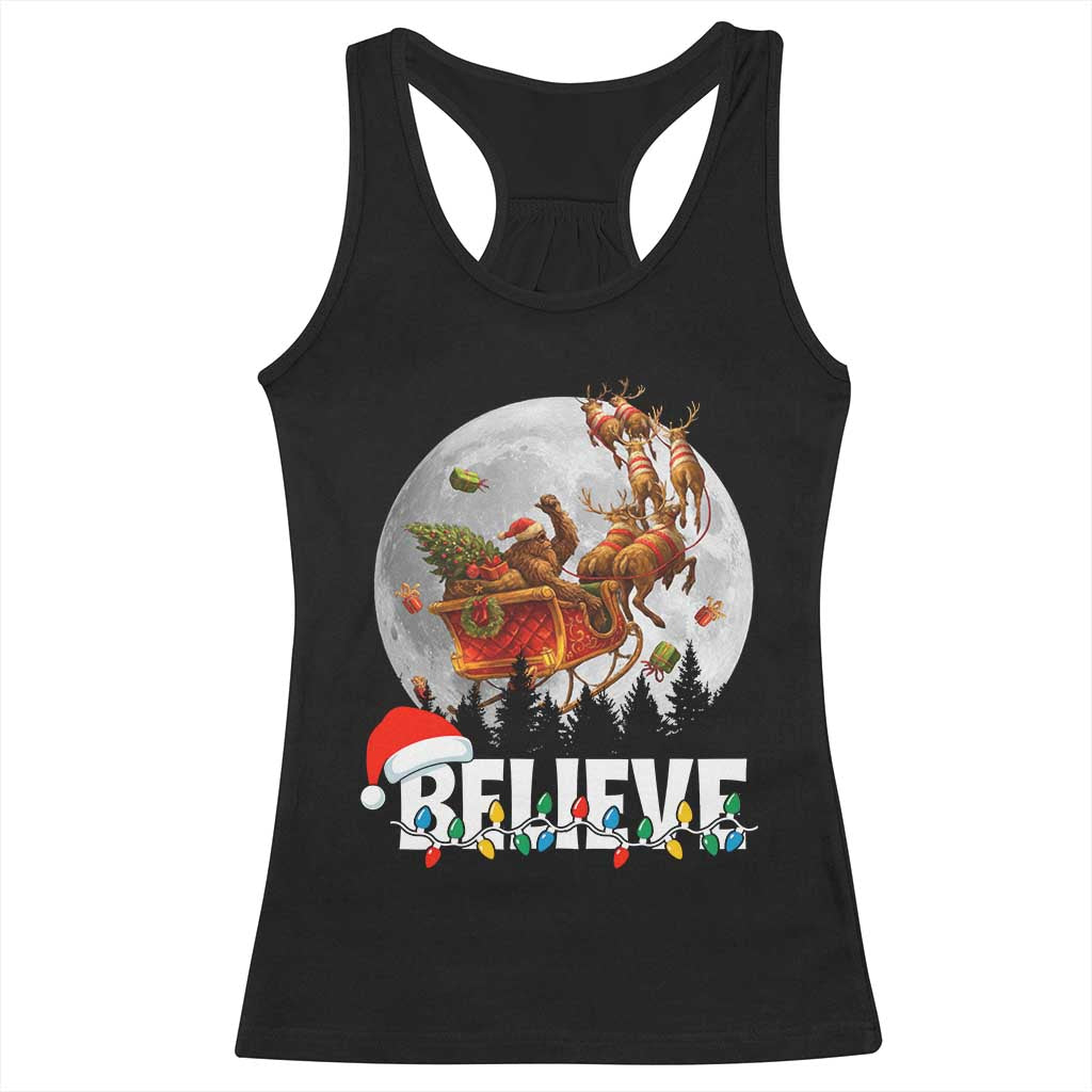 Funny Bigfoot Christmas Racerback Tank Top Believe Santa Sasquatch Xmas Reindeer Sleigh - Wonder Print Shop