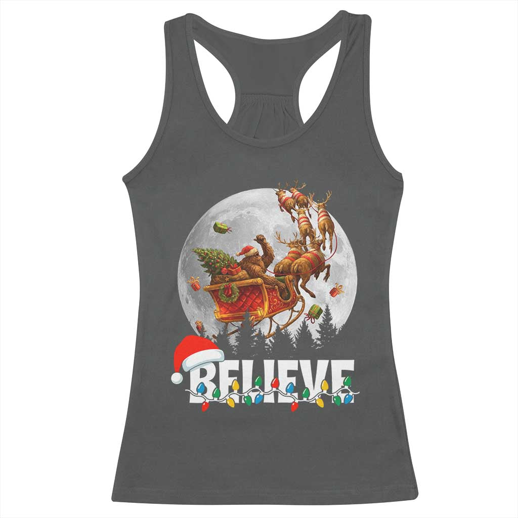 Funny Bigfoot Christmas Racerback Tank Top Believe Santa Sasquatch Xmas Reindeer Sleigh - Wonder Print Shop