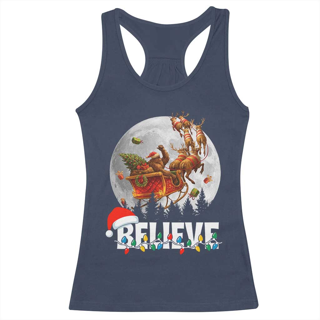 Funny Bigfoot Christmas Racerback Tank Top Believe Santa Sasquatch Xmas Reindeer Sleigh - Wonder Print Shop