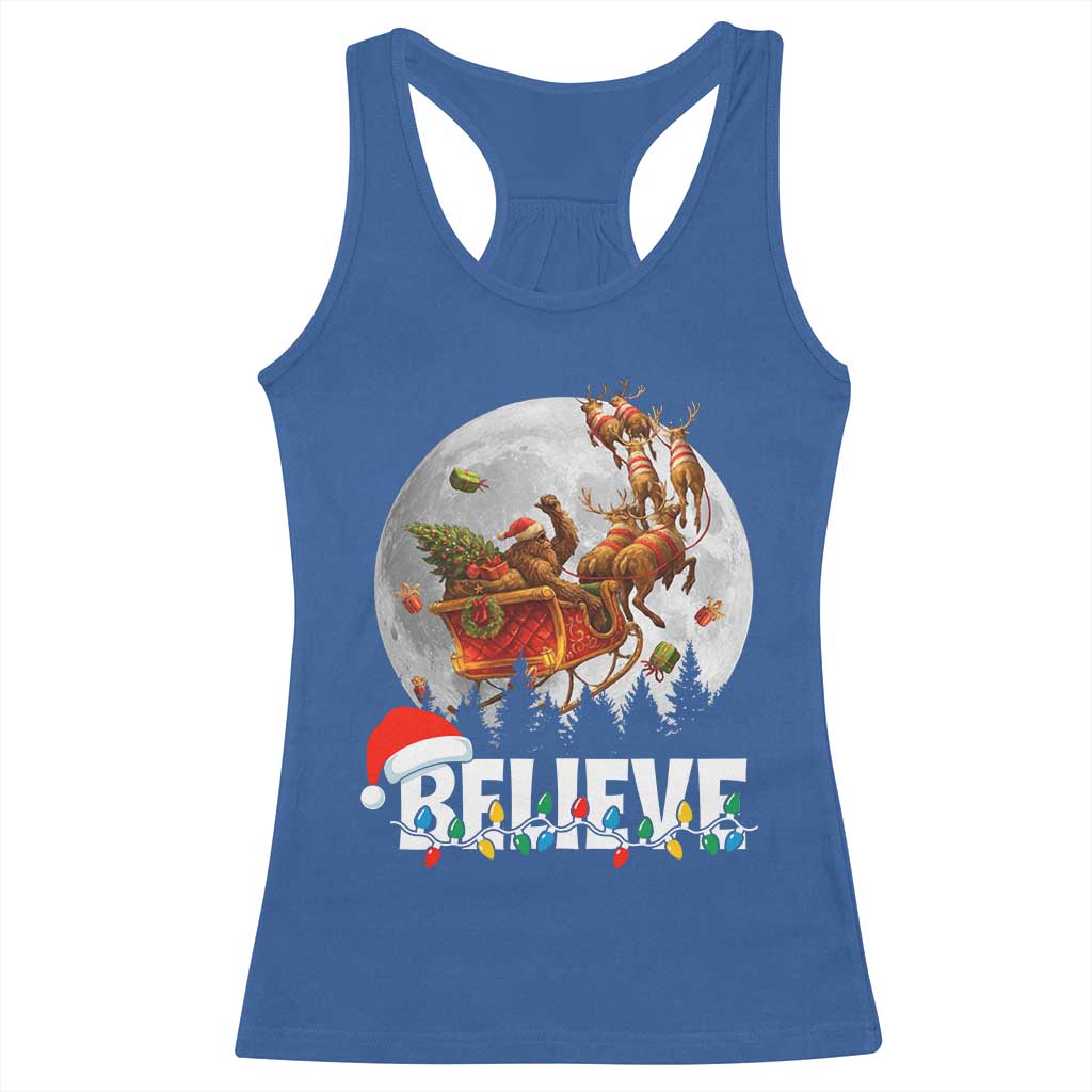 Funny Bigfoot Christmas Racerback Tank Top Believe Santa Sasquatch Xmas Reindeer Sleigh - Wonder Print Shop