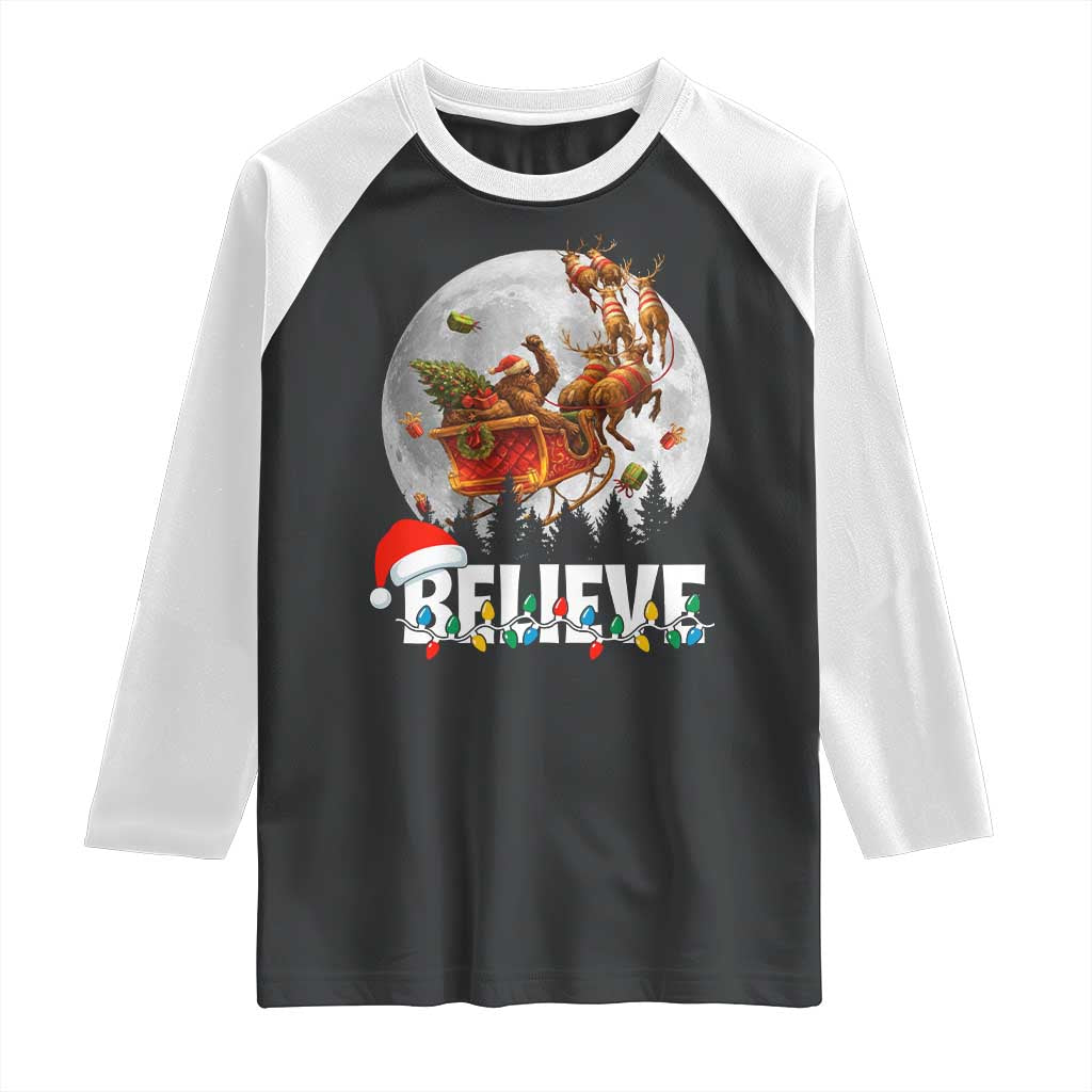 Funny Bigfoot Christmas Raglan Shirt Believe Santa Sasquatch Xmas Reindeer Sleigh - Wonder Print Shop