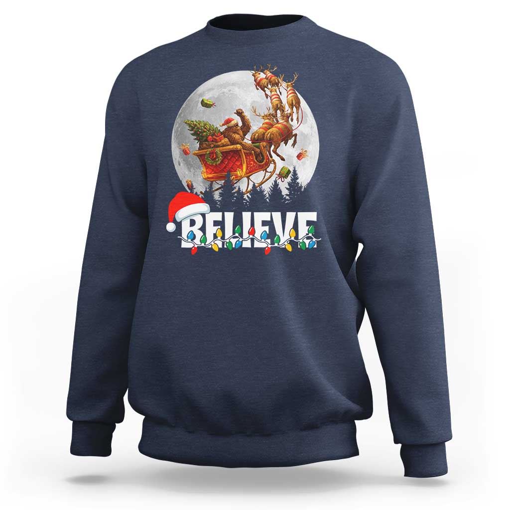 Funny Bigfoot Christmas Sweatshirt Believe Santa Sasquatch Xmas Reindeer Sleigh - Wonder Print Shop