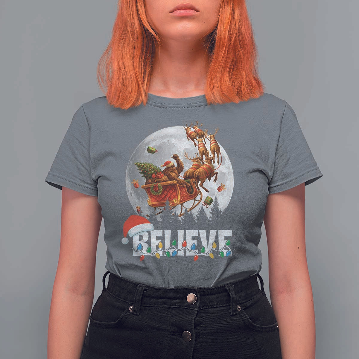 Funny Bigfoot Christmas T Shirt For Women Believe Santa Sasquatch Xmas Reindeer Sleigh - Wonder Print Shop