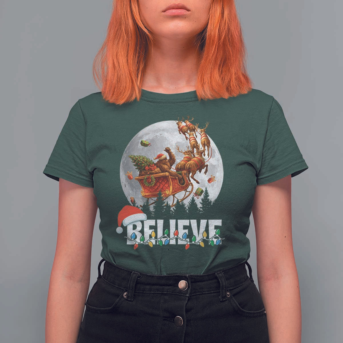 Funny Bigfoot Christmas T Shirt For Women Believe Santa Sasquatch Xmas Reindeer Sleigh - Wonder Print Shop