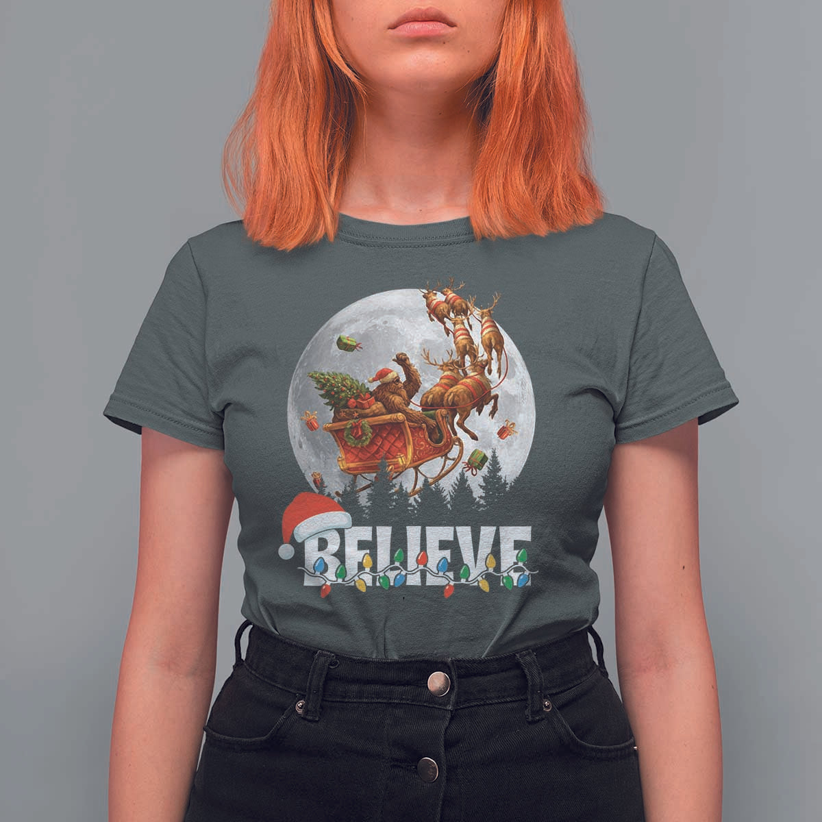 Funny Bigfoot Christmas T Shirt For Women Believe Santa Sasquatch Xmas Reindeer Sleigh - Wonder Print Shop