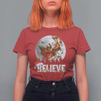Funny Bigfoot Christmas T Shirt For Women Believe Santa Sasquatch Xmas Reindeer Sleigh - Wonder Print Shop