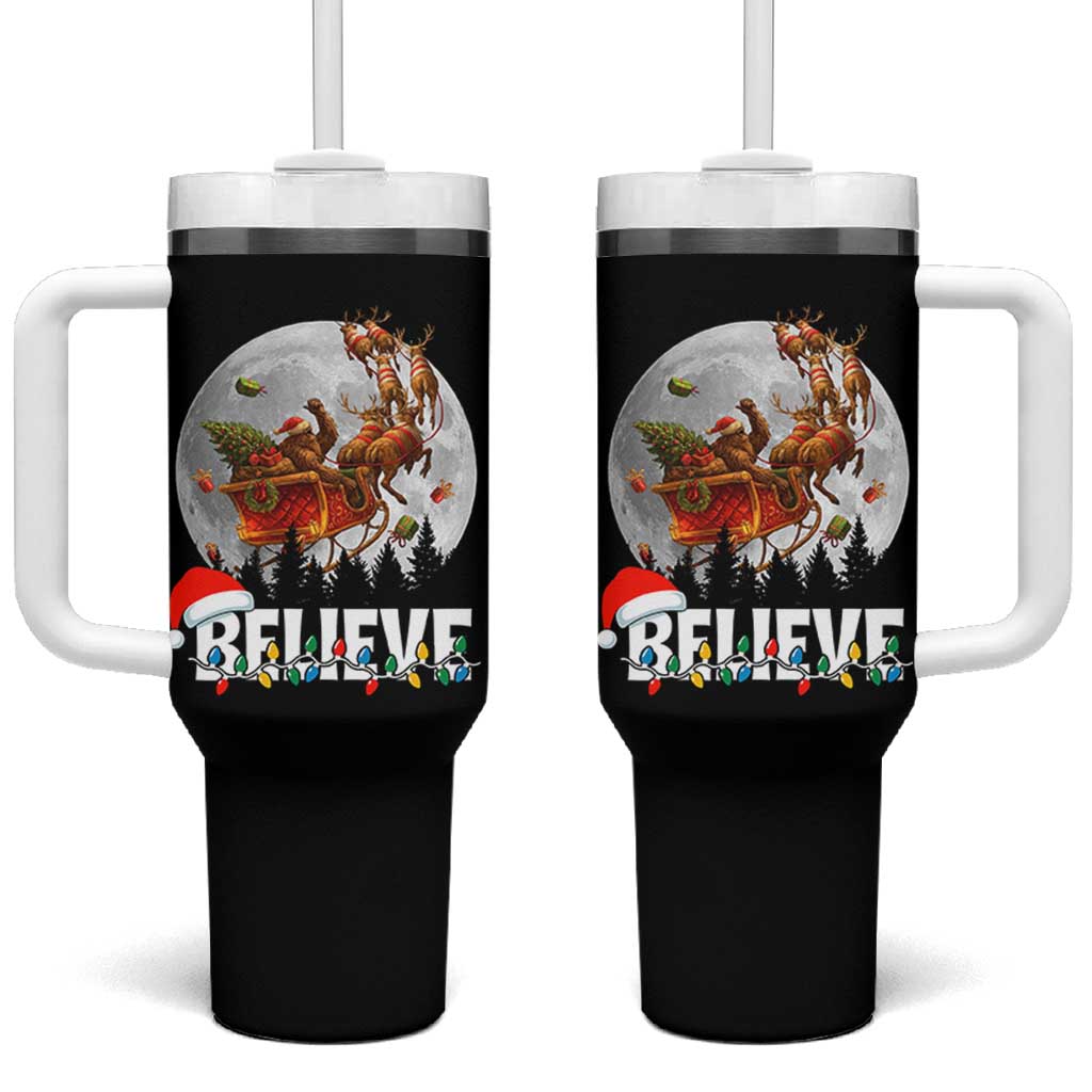 Funny Bigfoot Christmas Tumbler With Handle Believe Santa Sasquatch Xmas Reindeer Sleigh - Wonder Print Shop
