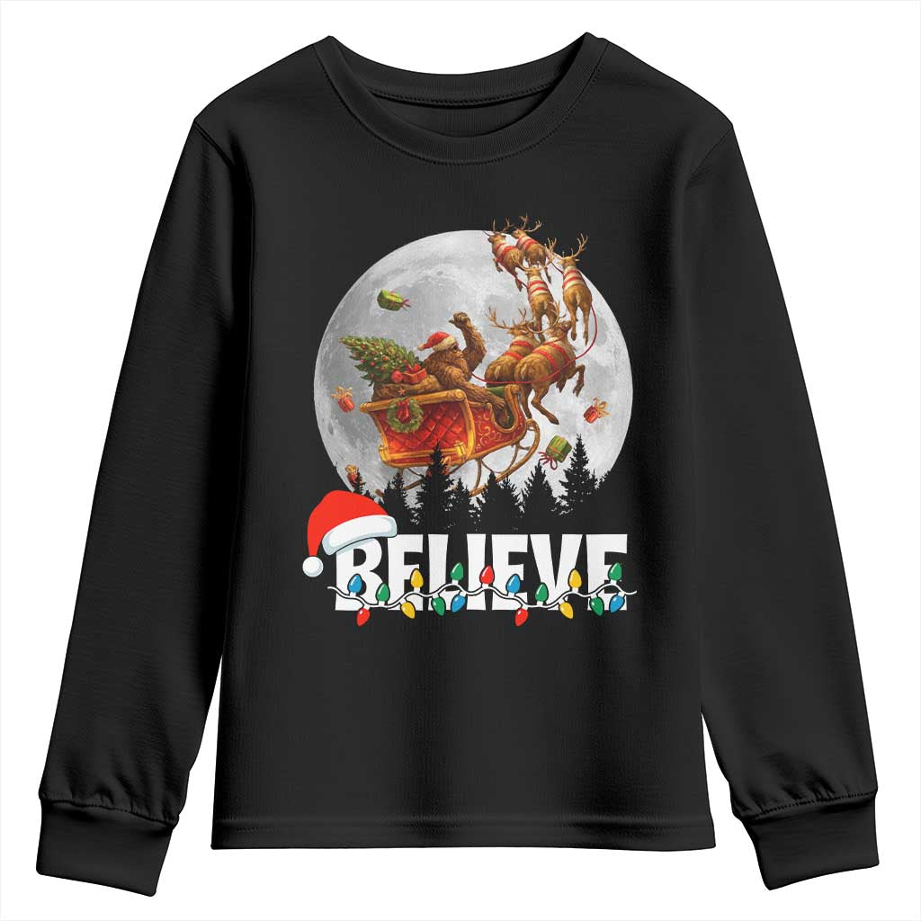 Funny Bigfoot Christmas Youth Sweatshirt Believe Santa Sasquatch Xmas Reindeer Sleigh - Wonder Print Shop