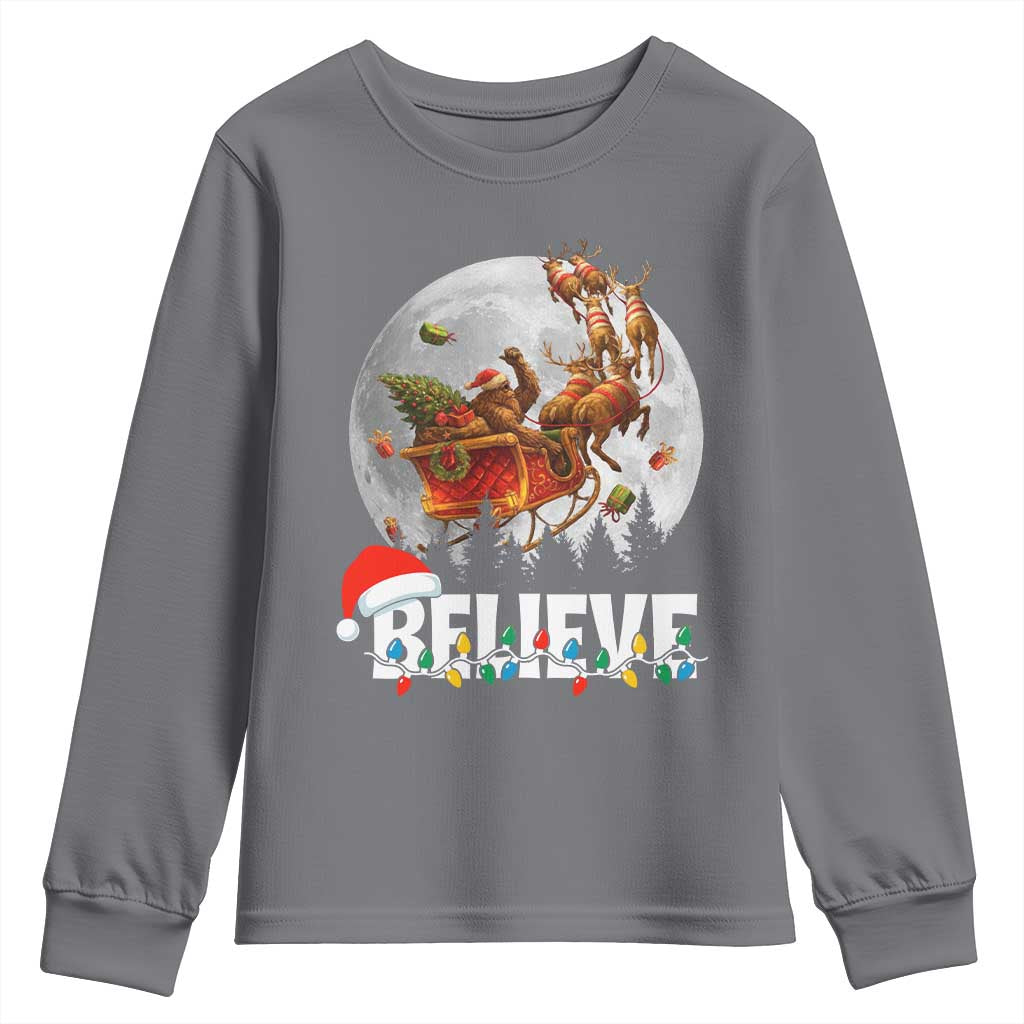 Funny Bigfoot Christmas Youth Sweatshirt Believe Santa Sasquatch Xmas Reindeer Sleigh - Wonder Print Shop