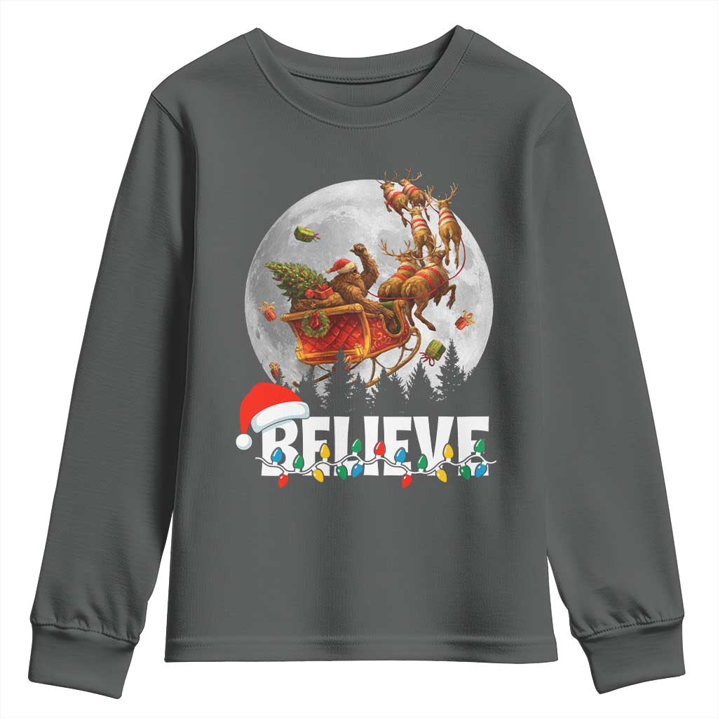 Funny Bigfoot Christmas Youth Sweatshirt Believe Santa Sasquatch Xmas Reindeer Sleigh - Wonder Print Shop