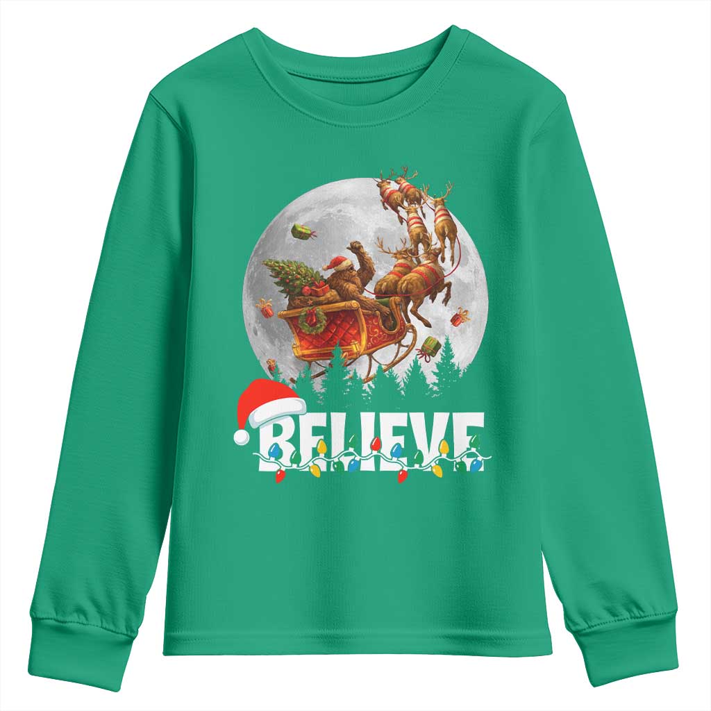 Funny Bigfoot Christmas Youth Sweatshirt Believe Santa Sasquatch Xmas Reindeer Sleigh - Wonder Print Shop