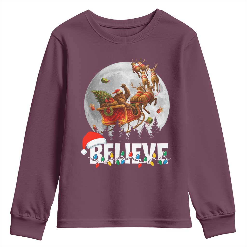 Funny Bigfoot Christmas Youth Sweatshirt Believe Santa Sasquatch Xmas Reindeer Sleigh - Wonder Print Shop