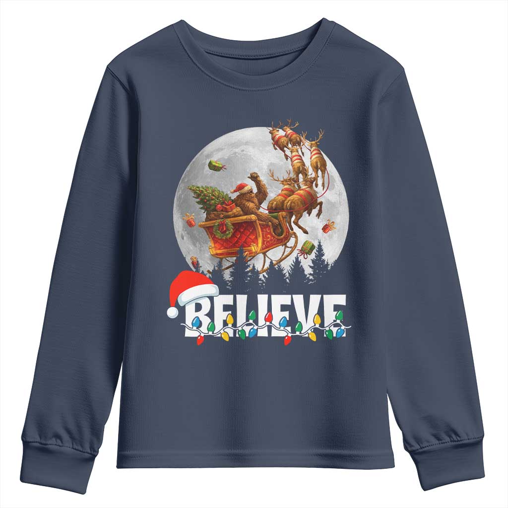 Funny Bigfoot Christmas Youth Sweatshirt Believe Santa Sasquatch Xmas Reindeer Sleigh - Wonder Print Shop