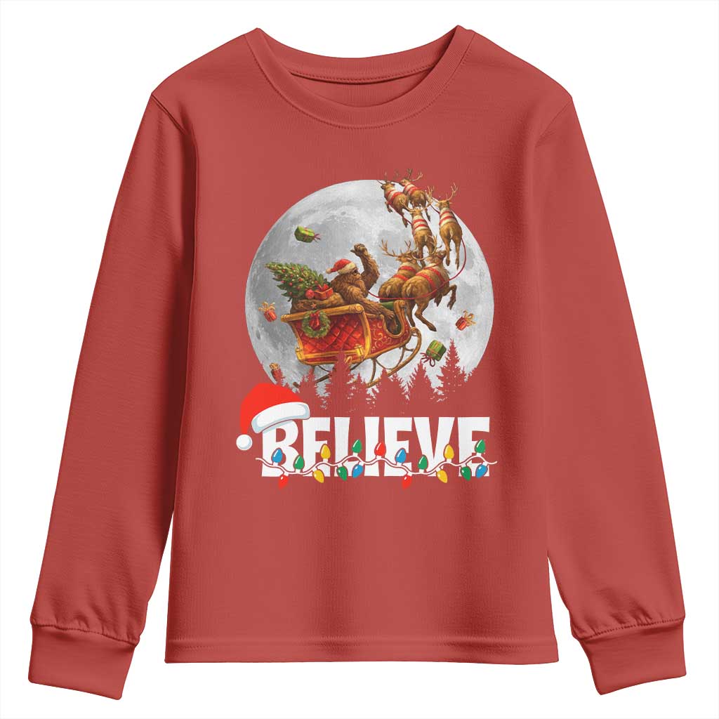 Funny Bigfoot Christmas Youth Sweatshirt Believe Santa Sasquatch Xmas Reindeer Sleigh - Wonder Print Shop