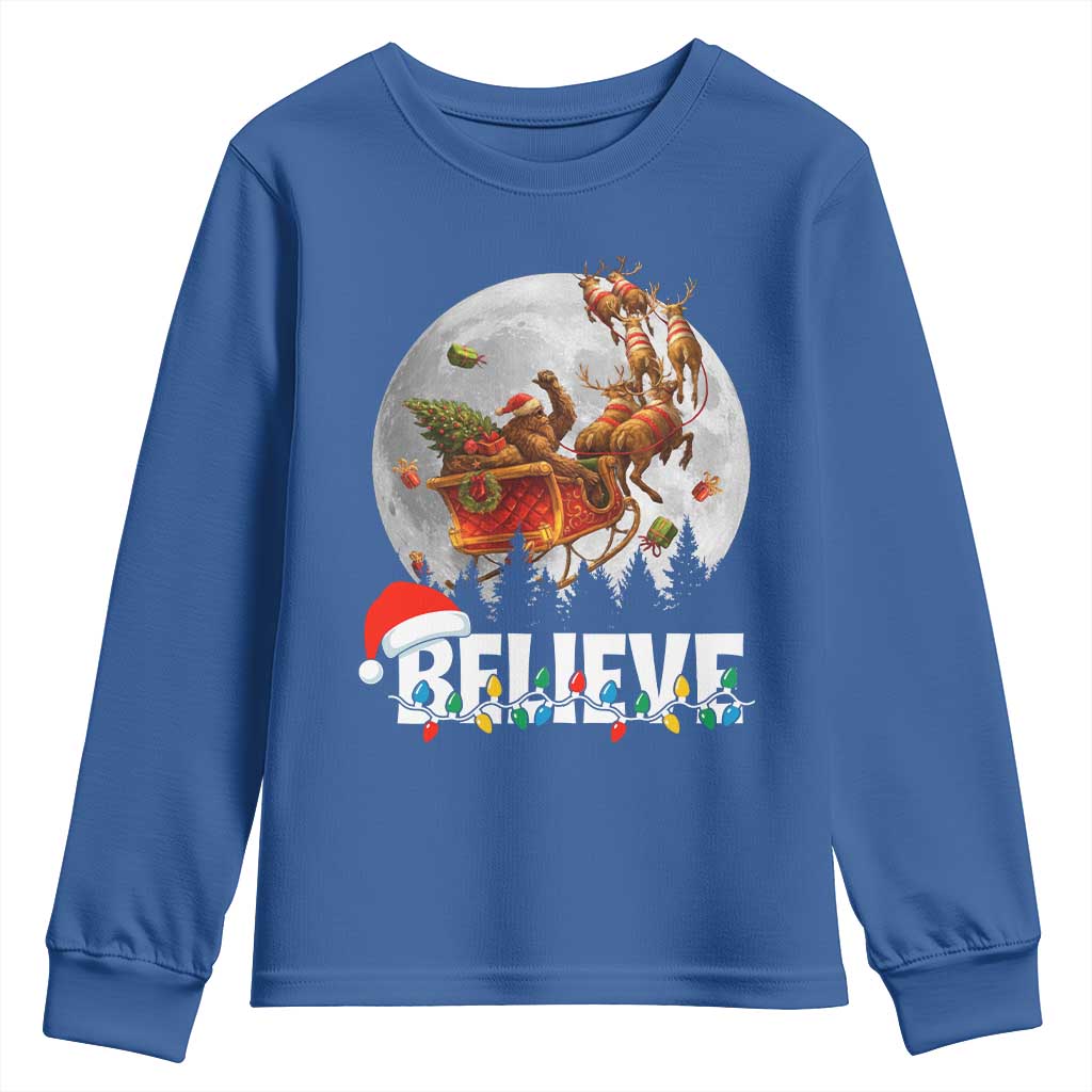 Funny Bigfoot Christmas Youth Sweatshirt Believe Santa Sasquatch Xmas Reindeer Sleigh - Wonder Print Shop