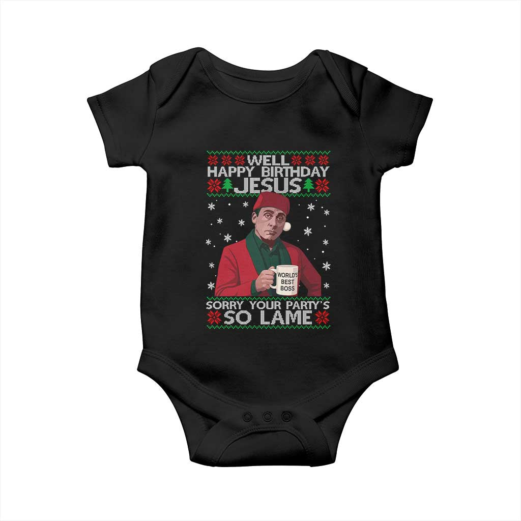 Funny Christmas The Office Movie Baby Onesie Well Happy Birthday Jesus Sorry Your Party Is So Lame - Wonder Print Shop