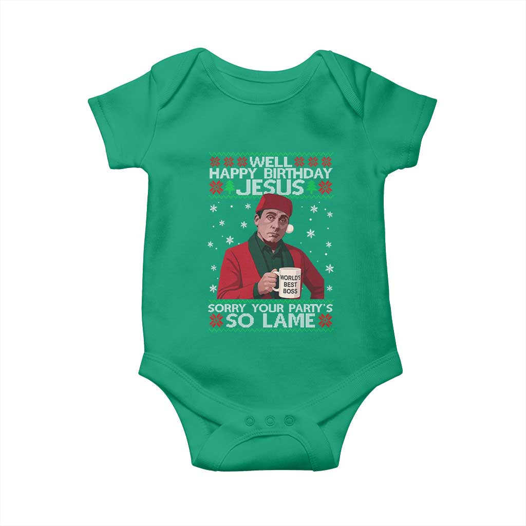 Funny Christmas The Office Movie Baby Onesie Well Happy Birthday Jesus Sorry Your Party Is So Lame - Wonder Print Shop
