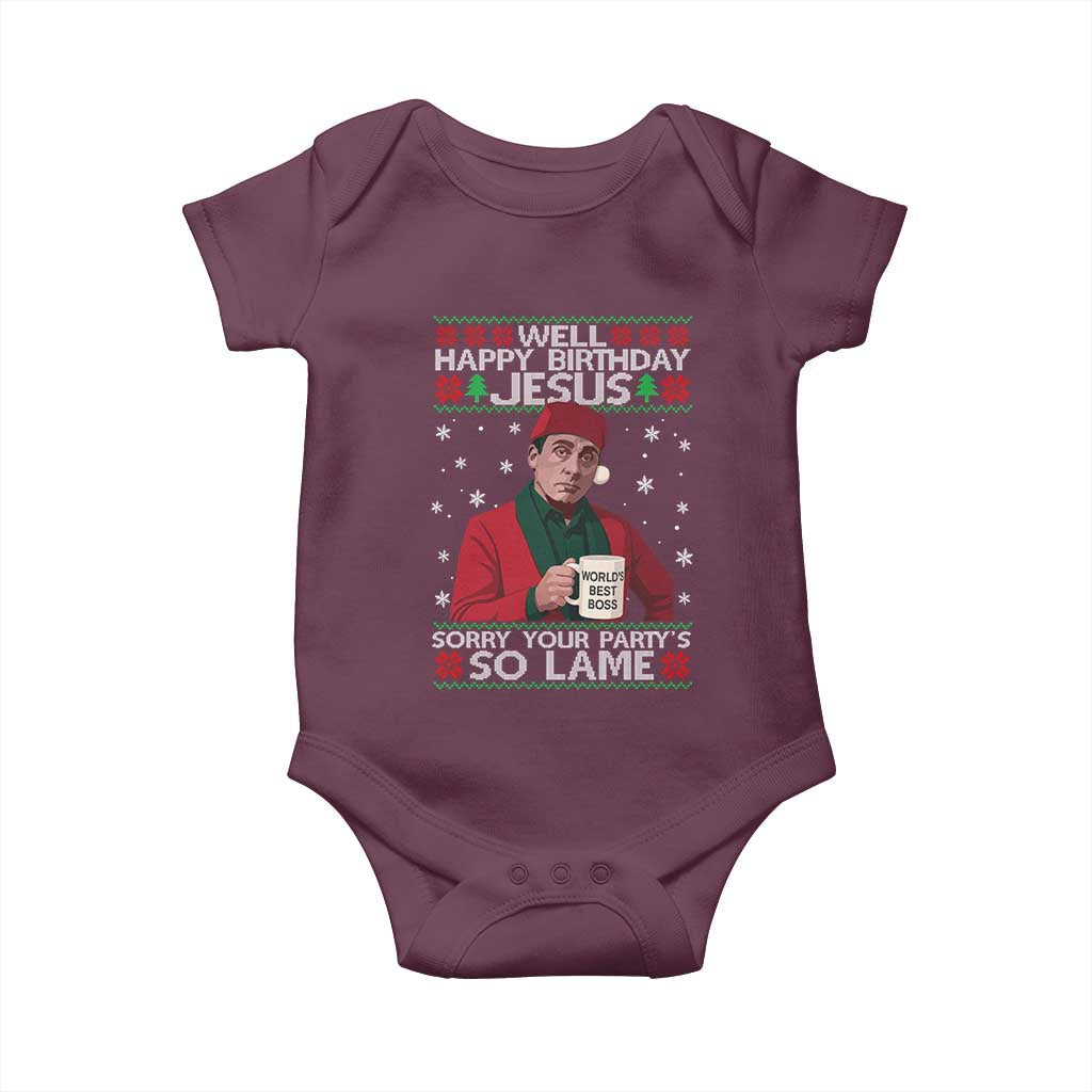 Funny Christmas The Office Movie Baby Onesie Well Happy Birthday Jesus Sorry Your Party Is So Lame - Wonder Print Shop